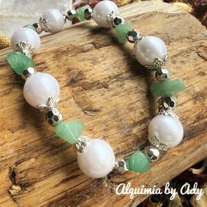 White Pearl Bracelet with green aventurine Stone and silver Accents